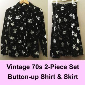 VTG 70s 2Pc Skirt Top Disco Black White Flowers
